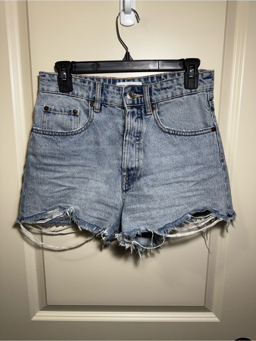 Zara Light Blue Distressed Denim Shorts